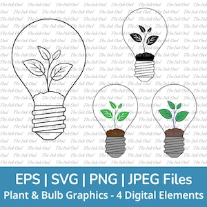 Clipart di lampadine SVG / Illustrazione grafica di contorni, silhouette e colori / Energia verde / Terrario in serra / SVG, PNG, EPS, Jpg
