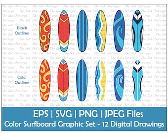 Surfboard with Pattern Designs Vector Clipart Set / Color Graphics / Water Beach Sports / Summer / Commercial Use / PNG, JPG, SVG, Eps