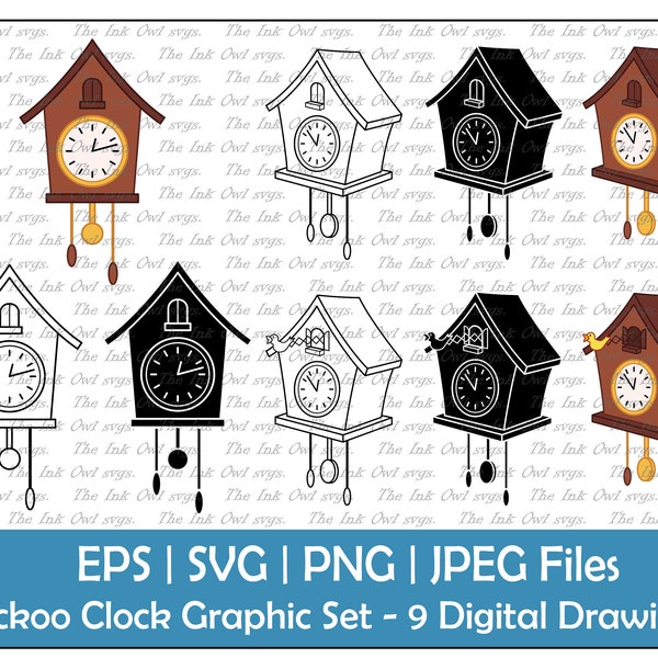 Cuckoo Clock Clipart Set / Outline, Silhouette Stamp & Color Drawing Graphic / Vintage / Cuckoo Bird / Sublimation / PNG, JPG, SVG, Eps