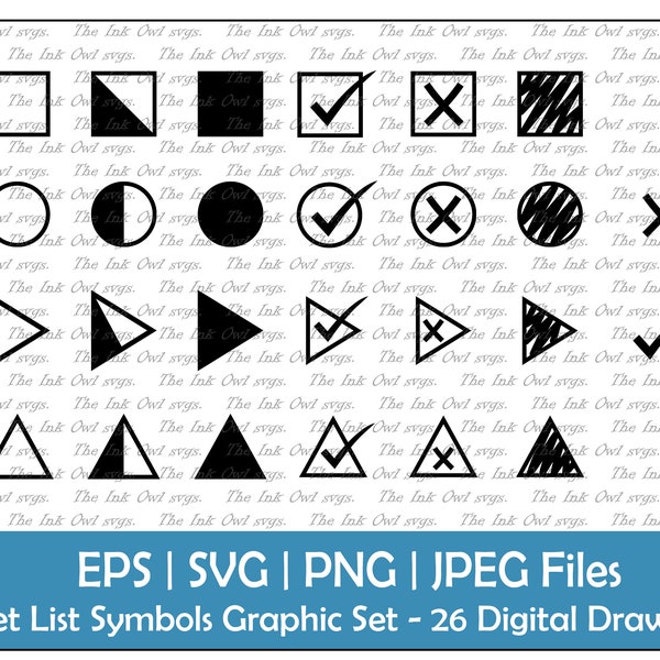 Bullet List Symbol Icons for Planner or Journal / Open, Filled, Half, Check & X / Circle, Triangle, Square, Arrow / PNG, JPG, SVG, Eps