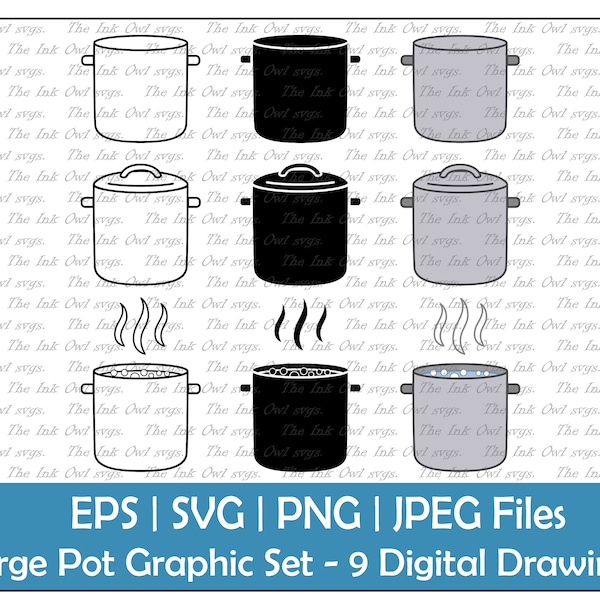 Tall Cooking Pot with Lid Vector Clipart / Outline & Stamp Graphic/ Boiling / PNG, JPG, SVG, Eps