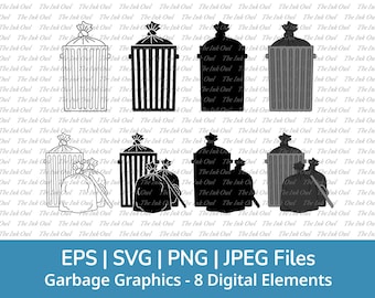 Basurero y pila de basura (Svg) Vector Clipart / Contorno, silueta de sello e ilustraciones gráficas a color / Bolsa de basura / Png, Svg, Jpg, Eps