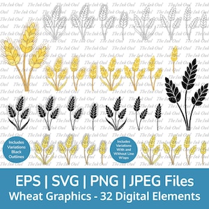 Clipart vettoriali di pianta di grano / Contorno, silhouette di timbro e grafica a colori / Sublimazione di cibo agricolo raccolto di grano / Png, Svg, Jpg, Eps
