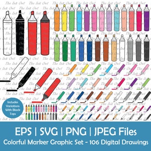 Colorful Marker Pen Writing Clipart Set / Outline, Silhouette & Color Graphics / Back to School / Brush Stroke / Svg, Png, Jpg, Eps