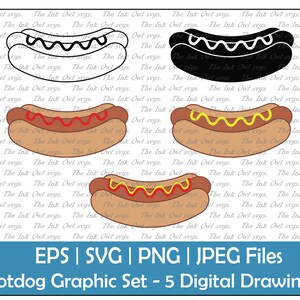 Hot Dog mit Ketchup und Senf Vektor Clipart Set / Umriss, Silhouette Stempel & farbige Grafik Illustrationen / Essen / PNG, jpg, SVG, Eps