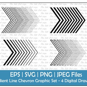 May include: A set of four digital drawings of gradient line chevron graphics. The graphics are black and white and feature a chevron pattern with a gradient effect. The graphics are in the shape of arrows pointing to the right.