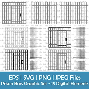 Jail or Prison Bars with Locked Gate Vector Clipart / Outline, Silhouette Stamp & Color Drawing Graphics / Png, Svg, Eps, Jpg