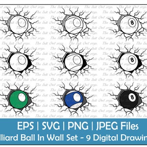 Billard Pool Ball Breaking through a Wall Clipart / Umriss, Stempel & Farbe Grafik / Sport / Kommerzielle Nutzung / PNG, JPG, SVG, Eps