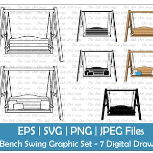 May include: A set of seven digital drawings of a full bench swing. The drawings are in black and white, and in color with brown wood tones. The drawings are in various positions, including a front view, a side view, and a top view. The drawings are suitable for use in crafting projects, such as cutting, etching, or engraving.
