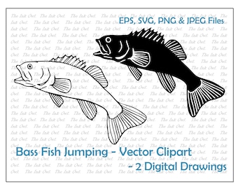 Jumping Bass Fish Vector Clipart / Outline & Silhouette Stamp Graphic / Sport Fishing / Sublimation / Png, Svg, Jpg, Eps