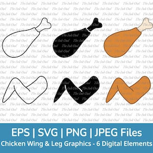 Alitas de pollo y muslos (SVG) - Imágenes prediseñadas vectoriales / Contorno, silueta de sello y dibujos a color / Comida frita / Png, Svg, Jpg, Eps