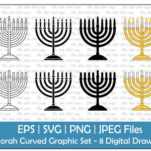 Hanukah Menorah Lit and Unlit Round Vector Clipart Set / Outline & Stamp Graphic / Holiday Decor / PNG, JPG, SVG, Eps