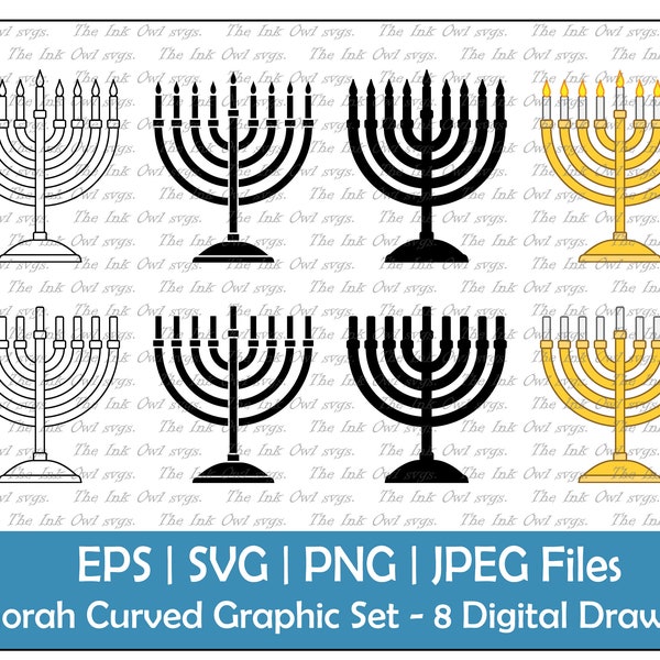 Hanukah Menorah Lit and Unlit Round Vector Clipart Set / Outline & Stamp Graphic / Holiday Decor / PNG, JPG, SVG, Eps