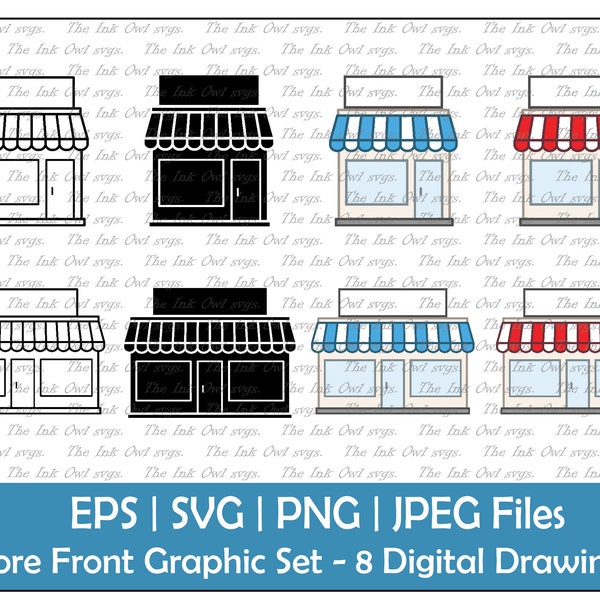 Shop Store Front Building Vector Clipart Set / Outline & Stamp Drawing Graphic / PNG, JPG, SVG, Eps