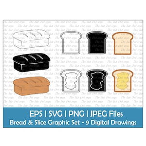 May include: A set of nine digital drawings of bread and bread slices. The drawings are in black and white, brown, and yellow. The drawings include a loaf of bread, a slice of bread, and a slice of bread with butter.