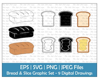 Bread Loaf and Slice Vector Clipart Set / Outline, Stamp & Color Drawing Graphics / Breakfast Food / With Butter Spread / PNG, JPG, SVG, Eps