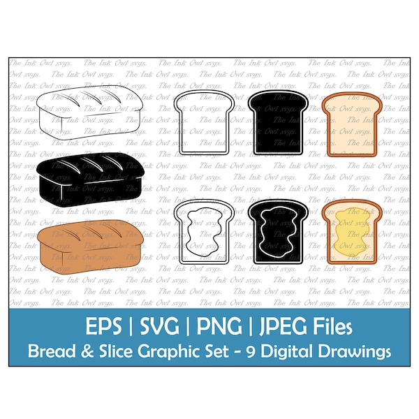 Broodbrood en segment vector clipart set/omtrek, stempel & kleur tekening graphics/ontbijt eten/met boter verspreid/PNG, JPG, SVG, EPS