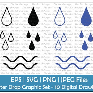 Set di disegni di gocce d'acqua Clipart vettoriali / Pioggia e onde / Contorno, timbro di silhouette e illustrazioni di disegno a colori / PNG, jpg, SVG, Eps