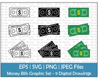 Money Paper Bill Singles Vector Clipart Set / Outline & Stamp Graphic Illustration / Dollar / PNG, jpg, SVG, Eps