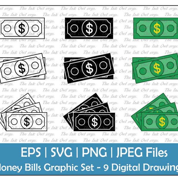 Money Paper Bill Singles Vector Clipart Set / Outline & Stamp Graphic Illustration / Dollar / PNG, jpg, SVG, Eps