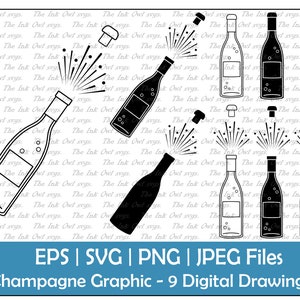 May include: Nine black and white illustrations of champagne bottles, some with corks popping and sparkling. The bottles are in various positions, some upright, some tilted, and some with the cork removed. The illustrations are on a white background with a repeating pattern of text.