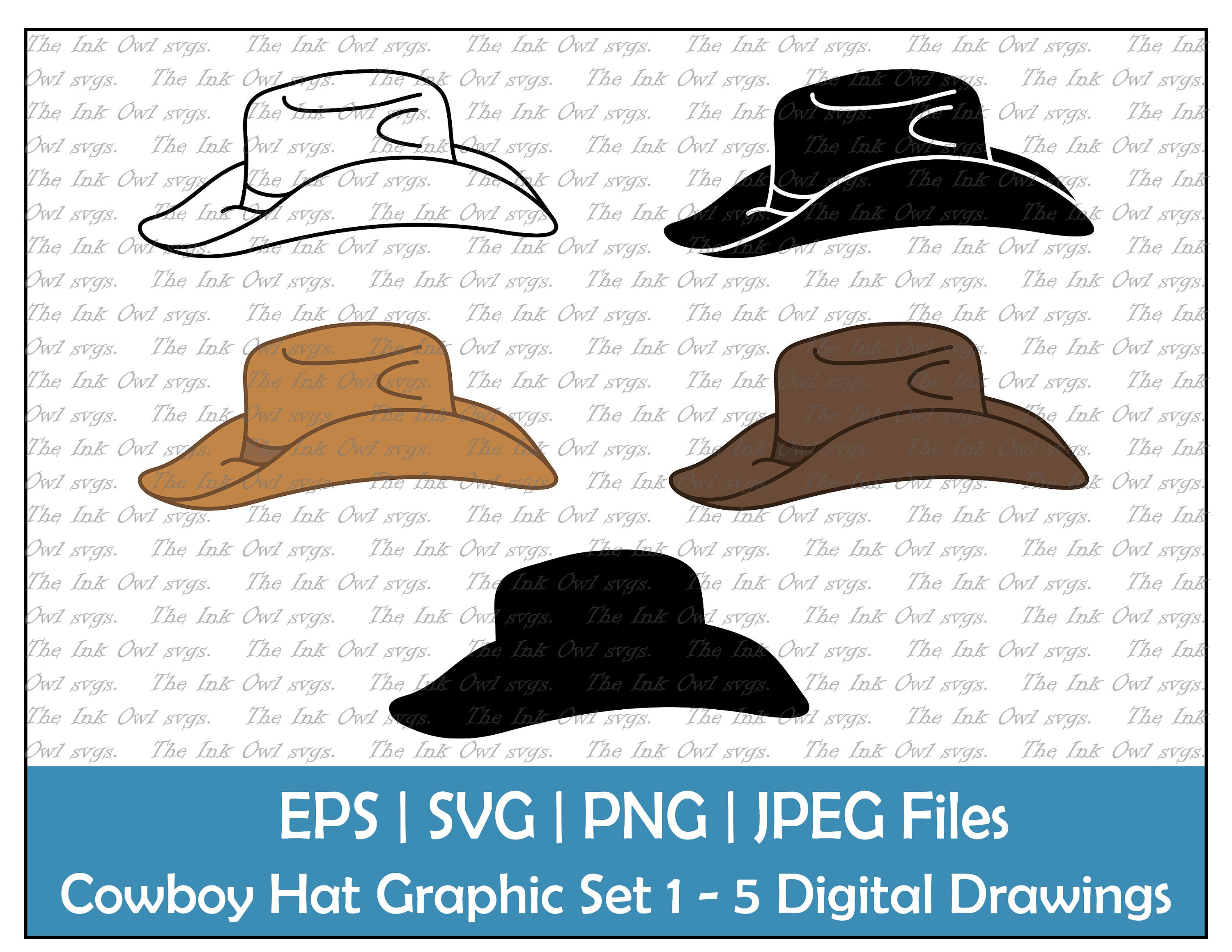 Cowboy Hat Side View Vector Clipart Set Outline, Stamp Silhouette Color ...