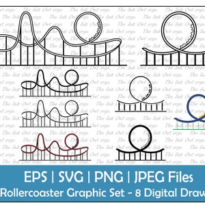 Roller Coaster Full Track & Loop Vector Clipart Set / Outline, Stamp and Color Graphic / Carnival Ride / PNG, JPG, SVG, Eps