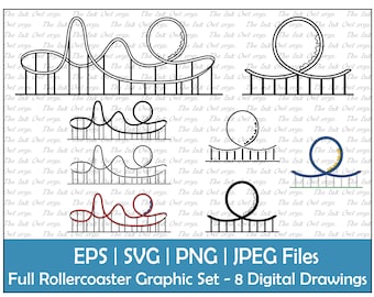 Roller Coaster Full Track & Loop Vector Clipart Set / Outline, Stamp and Color Graphic / Carnival Ride / PNG, JPG, SVG, Eps