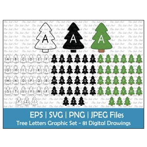 Kerstboom alfabet Letter Clipart Set / overzicht, silhouet & kleurenafbeeldingen / Pine Tree / Monogram Letter eerste / Png, Svg, Eps, Jpg