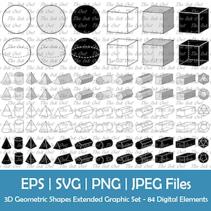 3D Geometric Shape and Forms Expanded Clipart / Outline & Silhouette Graphics / Educational Math / Sphere, Cube, Prism / Png, Svg, Jpg, Eps