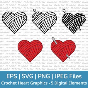 Crochet Hook and Yarn Heart Svg Vector Clipart Set / Outline, Stamp Silhouette & Color Graphics / Logo / Png, Jpg, Eps, Svg