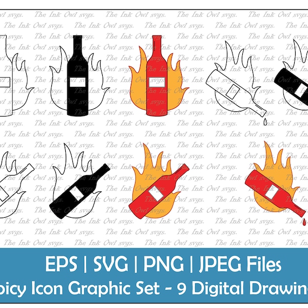 Spicy Icon Vector Clipart Set / Outline & Stamp Illustration Graphic / Hot Sauce with Label / PNG, JPG, SVG, Eps