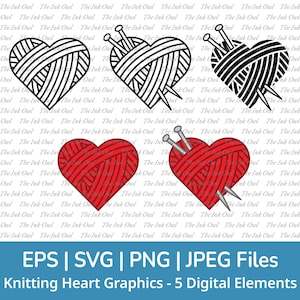 Stricknadeln und Garn Herz SVG Design Vektor Clipart / Outline, Stempel Silhouette & Farbgrafik / Logo / Png, Jpg, svg, eps