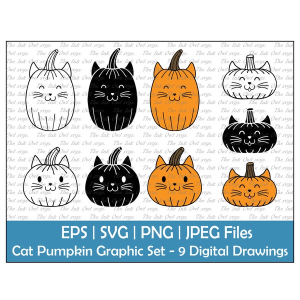 Cat Pumpkin Vector Clipart Set / Outline & Stamp Drawing Graphic / Halloween Fall / PNG, JPG, SVG, Eps