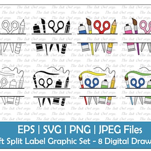 Conjunto de clipart de modelo de etiqueta dividida para professor de arte escolar / Contorno, carimbo e gráfico colorido / Com tinta, lápis, tesoura / PNG, JPG, SVG, Eps
