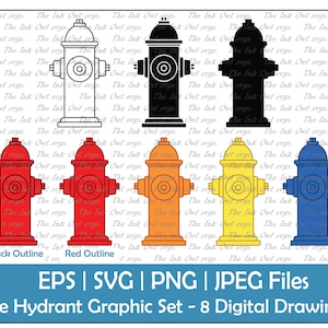 Fire Hydrant Vector Clipart / Outline, Silhouette Stamp & Color Drawing Illustrations / Fire Safety / PNG, JPG, SVG, Eps