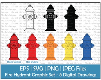 Hydrant Vektor Clipart / Umriss, Silhouette Stempel & Farbe Zeichnung Illustrationen / Fire Safety / PNG, JPG, SVG, Eps