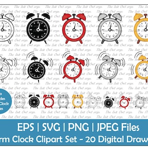 Horloge rétro avec alarme sonnerie Vector Clipart Set / contour, Silhouette timbre & couleur dessin Illustrations / vintage / Png, Jpg, Svg, Eps