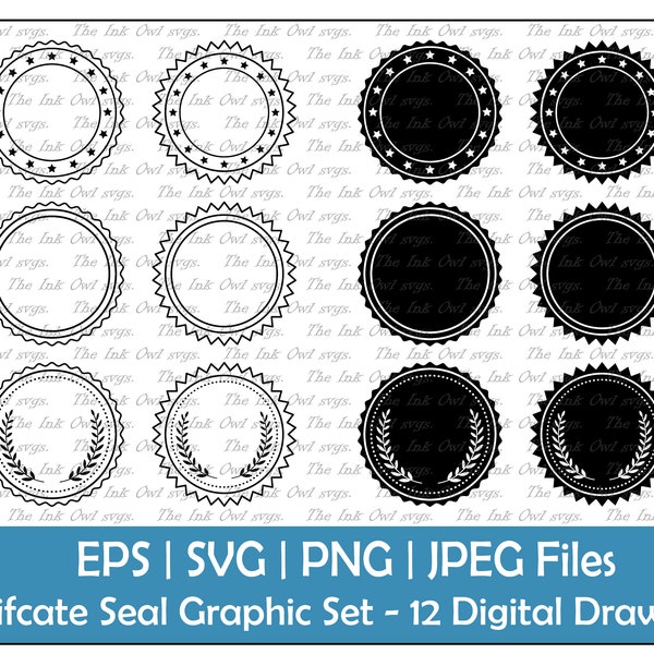 Certificate Seal Clipart Set / Outline & Stamp Drawing Illustrations / Blank Template with stars and laurel / PNG, JPG, SVG, Eps