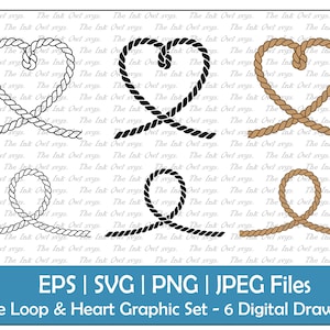 Rope Loop and Heart Vector Clipart Set / Outline & Stamp Graphics / PNG, JPG, SVG, Eps