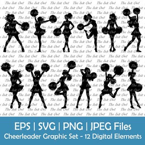 Cheerleader Silhouette Poses With Pom-Poms Vector Clipart Set / Stamp Drawing Graphic / Cheerleading Team Sport / Svg, Png, Eps, Jpg