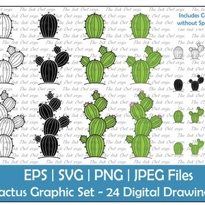 Lindo cactus con picos Vector Clipart / Esquema, silueta y color Dibujo gráfico / Sublimación de plantas del desierto apiladas / PNG, JPG, SVG, Eps
