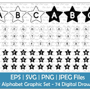 Star Alphabet and Number Vector Clipart Set / Outline & Silhouette Stamp Graphics / ABC Letters Logos banners / PNG, JPG, svg, Eps