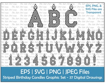 Bougie d’anniversaire rayée Alphabet Lettres et chiffres Clipart Set / Graphiques de texte / ABC 123 / Autocollant numérique de sublimation / PNG, JPG, Svg, Eps
