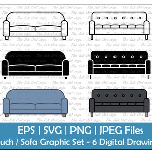 Divano o divano Vector Clipart Set / Contorno, Timbro e Colore Grafico / Mobili soggiorno Posti a sedere / Uso commerciale / PNG, JPG, SVG, Eps