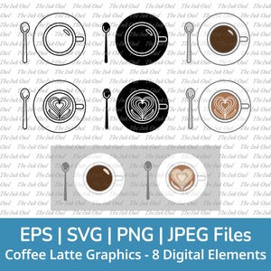 Coffee and Latte Svg Clipart / Outline, Stamp Silhouette & Color Illustration Graphics / Caffeine, Cappuccino Drink / Png, Jpg, Eps, Svg