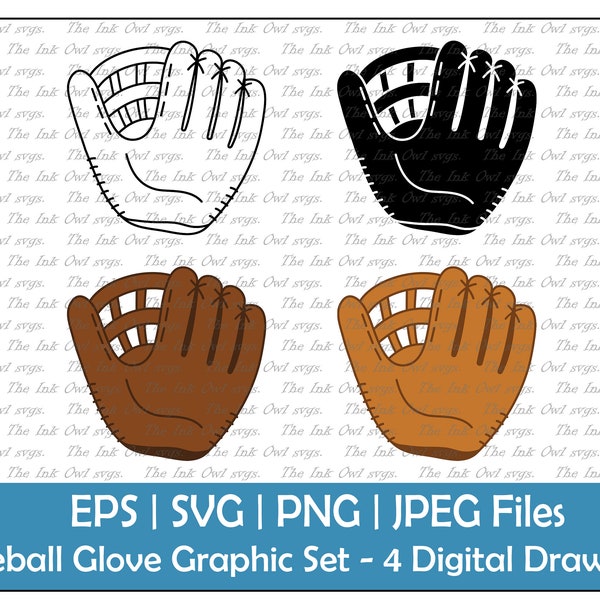BaseballHandschuh Vektor Clipart Set / Outline & Stempel Illustration Grafik / Sportausrüstung / PNG, JPG, SVG, Eps