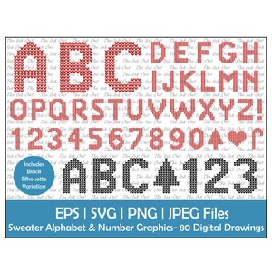 Suéter de malha letras alfabeto e números clipart vetorial / Gráficos de texto de Natal e inverno / ABC 123 Logos banners / Svg, Png, Eps, Jpg