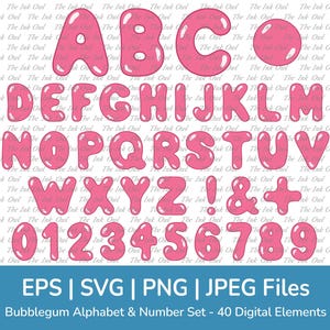Pink Bubblegum Letter Alphabet and Numbers Vector Clipart Set / Birthday Text Graphics / Gum Candy / Sublimation / Svg, Png, Eps, Jpg