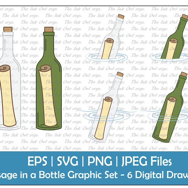 Message in a Bottle Colored Vector Clipart Set / Outline & Stamp Illustration Graphic / PNG, JPG, SVG, Eps